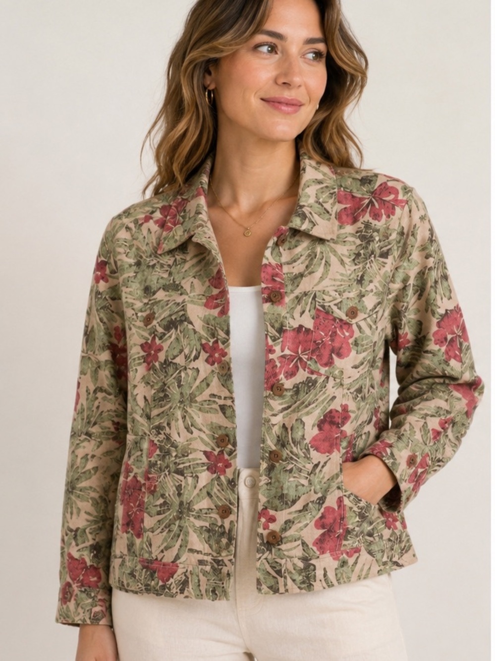 Charter Club 100% Linen Tropical Floral Jacket Medium Hibiscus Green Red
